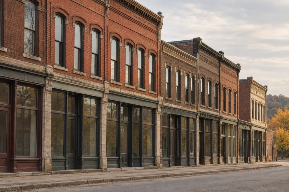 A generic row of late nineteenth-century brick commercial buildings without signs