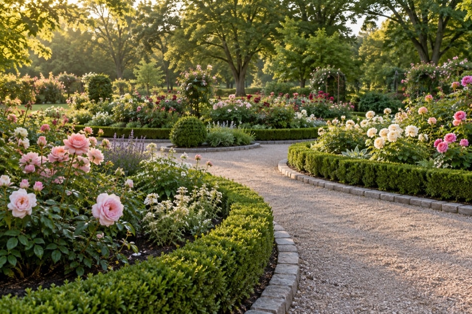 Curving garden beds filled with roses and perennials beneath mature trees