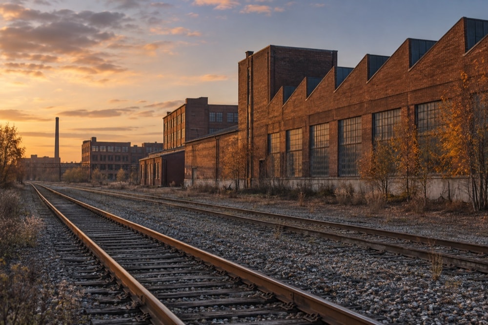 Anonymous brick factory buildings and empty railroad tracks in warm evening light