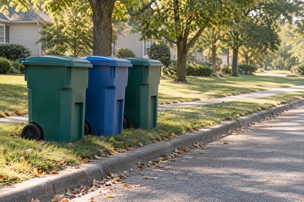 Plain unbranded recycling bins beside a quiet tree-lined curb