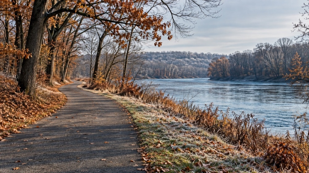 An empty paved riverside trail edged by copper leaves and light frost